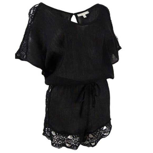 La Blanca Women's Crochet-Trim Romper Swim Cover-Up - Black Size XL NWOT - Picture 4 of 6